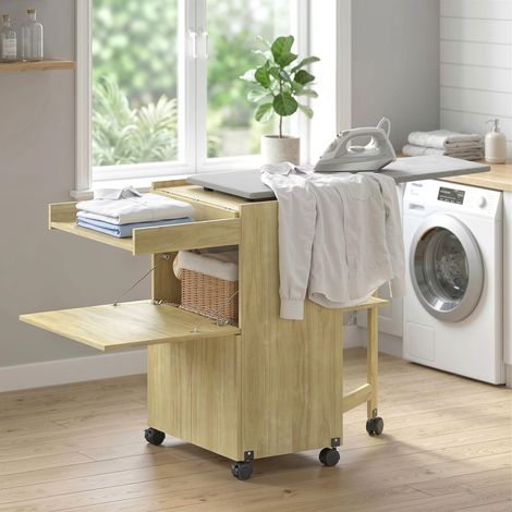 Meuble étendoir à linge pliable avec porte-fer et rangement pour vêtements avec compartiment ouvert, 154x55x87 cm, bois naturel (1/5)