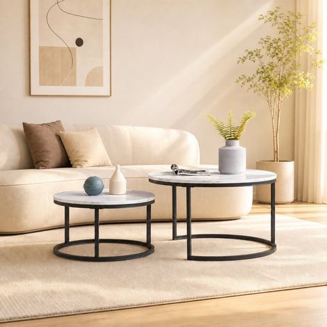 Lot de 2 tables basses rondes, plateau effet marbre blanc, structure métal noir, 80x45 cm et 60x33 cm, design moderne, pour salon (1/5)