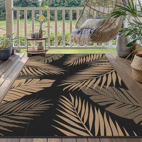 Tapis Exterieur Resistant Pluie,Reversible Recyclable Résistant aux UV Tapis Extérieur Terrasse, Tapis Plastique Exterieur pour Balcon, Jardin, Camping, Barbecue, 120x180cm, Noir (1/5)