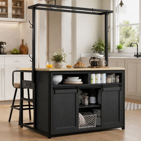 Conjunto isla de cocina con 2 taburetes, mueble con toma eléctrica, MDF y metal, negro (1/5)