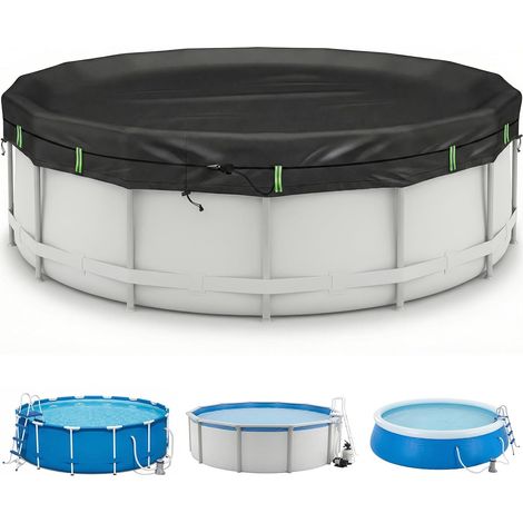 Bâche de piscine ronde améliorée 2026, 366 cm, avec bandes réfléchissantes et une pesée, Oxford 210D, bâche toutes saisons pour l'été et l'hiver, noir, 366 cm (1/5)