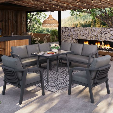 Ensemble jardin 8 personnes canapé d’angle table fauteuils,accoudoirs tressés tube acier galvanisé couleur gris.