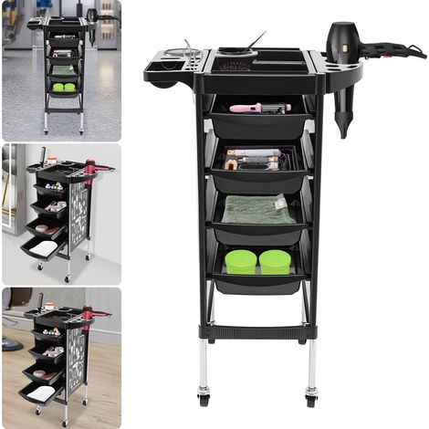 Chariot de coiffure noir, chariot de salon avec quatre tiroirs, support d'équipement pliable, chariot de coiffure spa, adapté aux coiffeurs, barbiers et stylistes capillaires. (1/5)
