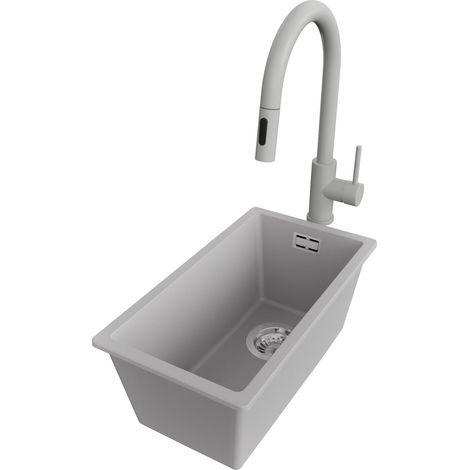 PRIMAGRAN Evier Cuisine en Granit 26x47cm,Lavabo 1 bac + Robinet 40x20cm + Kit de Vidage, Évier à Encastrer au meuble 30cm - London Slim, Gris (1/5)