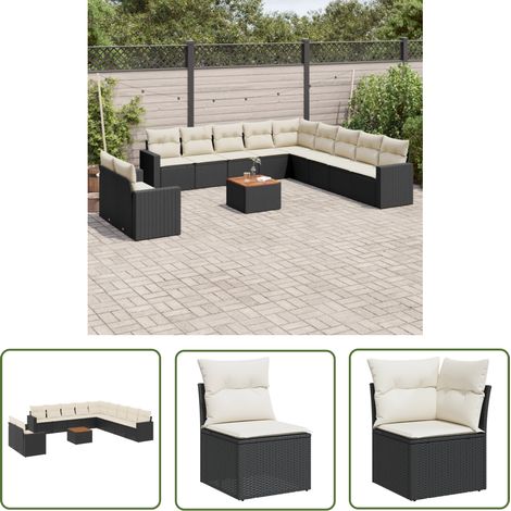 The Living Store Salon de jardin 12 pcs avec coussins noir résine tressée - Ensemble Salon De Jardin - Mobilier De Jardin - Salon Extérieur - Meubles De Jardin Résistants Aux Intempéries - Set De Salo (1/5)