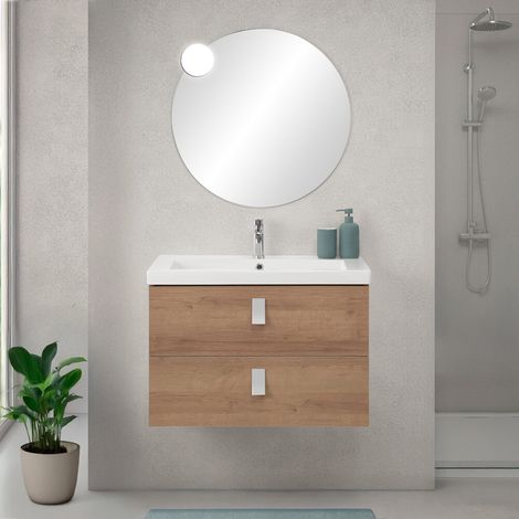 Mobile bagno sospeso 80 cm in rovere chiaro con lavabo e specchio tondo Bravo (1/5)