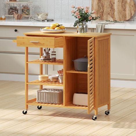 Chariot de Cuisine en Bambou avec Tiroir 3 Étagères Ouvertes Armoire à Porte Unique Porte-serviettes Roulettes Verrouillables Naturel (1/2)