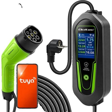 Qoltec Chargeur pour voiture électrique (VE) et hybride avec régulation 2-en-1 Type 2 3,5 kW 230 V SCHUKO 16 A Wi-Fi T (1/5)