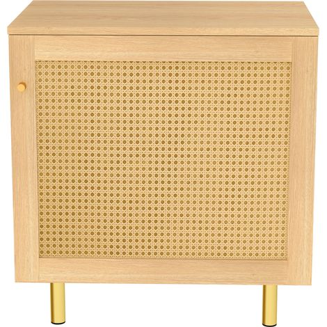 Buffet de rangement en MDF avec porte effet rotin, pieds métal dorés et étagère intérieure, meuble d’appoint bois clair pour salle à manger, chambre ou entrée  CHICFURN (1/5)