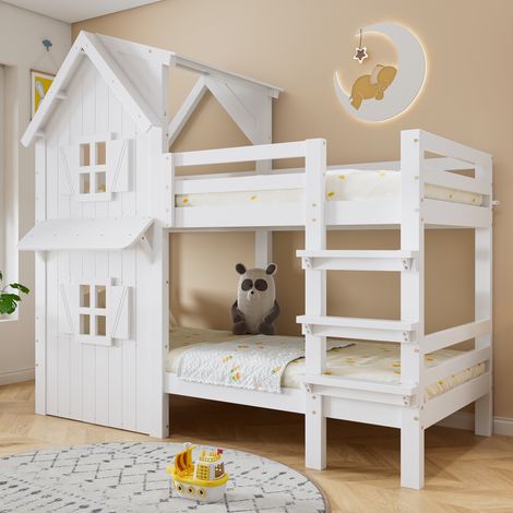Litera infantil 90x200 cm, cama casita con tejado y ventana para habitación de nios, madera de pino y MDF, Blanco (1/5)