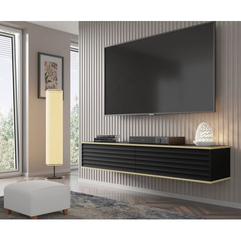 Mueble de TV WABI 180 cm colgante ranurado negro mate