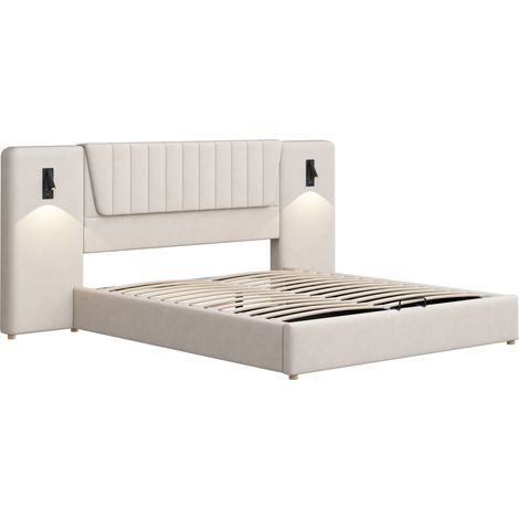 Polsterbett 180x200 cm Beige mit hohem Kopfteil, USB-Leselampen und Stauraum (1/5)