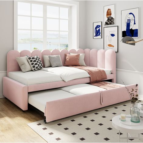 Cama sofá tapizada extensible rosa para invitados OKMYHOME (1/5)
