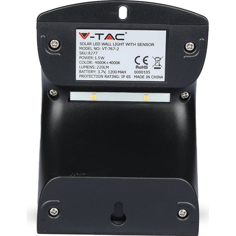 Lámpara LED solar V-TAC con batería, 1,5 W, 150 lm/W, 14 LED, sensor PIR, color negro, blanco natural, IP65