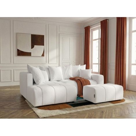 BOBOCHIC - Canapé d'angle L convertible coffre ROXELANE tissu bouclette avec pouf Angle gauche Blanc (1/4)