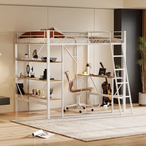 90x200cm Bettgestell Metallbett, Eisenbett, Hochbett mit Schreibtisch und drei großen Ablagen für Kinder, Jugendliche und Erwachsene, 90x200 cm,weiß (1/5)