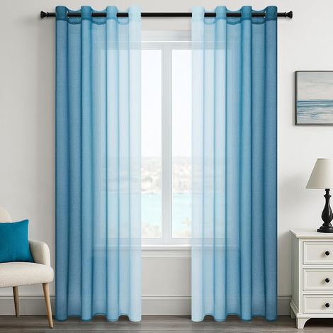 Rideaux Voilages Dégradés - Lot de 2 - Polyester Bleu Canard - Filtrage Lumière Naturelle - Salon et Chambre - 140x230 cm (1/5)