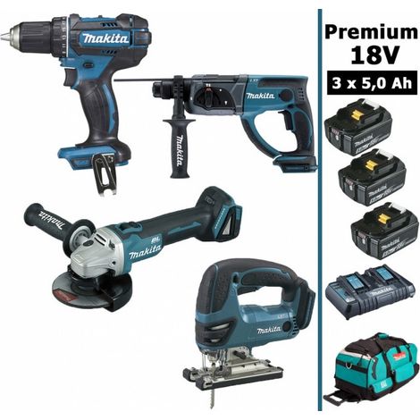 Pack Makita Premium 4 machines 18V 5Ah: Perceuse DDF482 + Meuleuse DGA504 + Perforateur DHR202 + DJV180 + 3 batteries + sac (1/4)
