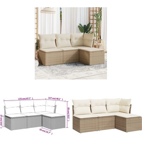 4-tlg. Garten-Sofagarnitur mit Kissen Beige Poly Rattan - Gartenmöbel - Sofa Set - Rattan Möbel - Outdoor Sofa - Gartenlounge - Home & Living