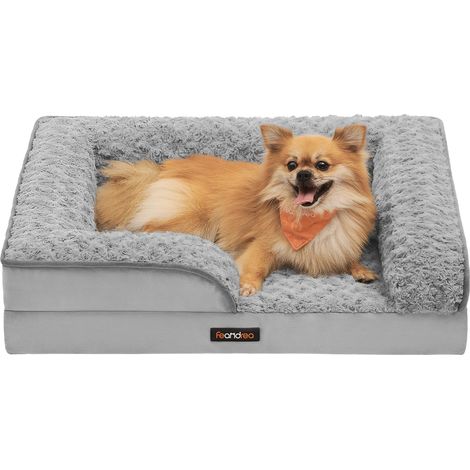 Panier pour Chien, Lit pour Animal, Orthopédique, Mousse Alvéolée, Bords Surélevés Rembourrés, Housse Amovible en Tissu Peluche aux Motifs Roses, 71 x 58 x 16 cm, Gris Tourterelle (1/5)