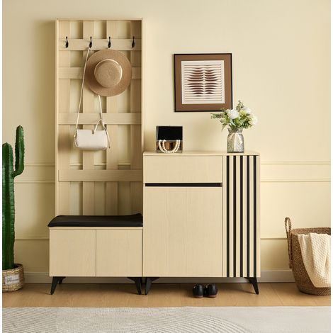 Mueble zapatero y recibidor con banco, 4 ganchos, MDF efecto madera clara DESVIAE (1/5)