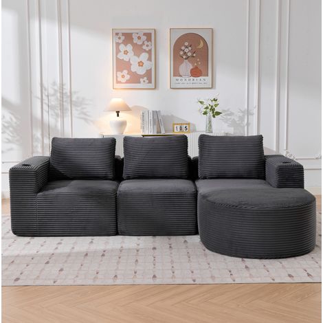 Canapé 265x176x60 cm gris foncé en polyester rembourré avec 3 coussins et 2 porte-gobelets (1/5)