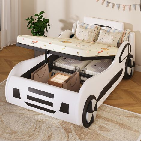 Lit voiture enfant 90 x 200 cm avec sommier à lattes et rangement hydraulique, blanc HAVRYA (1/5)