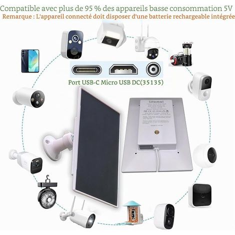 Panneau solaire 3W/5V avec batterie intégrée 6000 mAh,ports DC/USB-C/micro USB, chargement multi-appareils, (1/4)