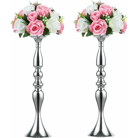 Metal Vase for Wedding Centerpieces Table Decoration-Artificial Flower Arrangement-Pillar Candle Holder Stand Set for Wedding Party Centerpiece Table Home Decor-2 Pcs -Silver (1/5)