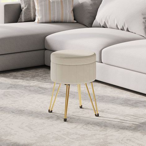 Tabouret de rangement, tabouret rond, tabouret en velours pour maquillage, 39 cm de diamètre, 44,4 cm de hauteur, 4 pieds en métal, blanc (1/5)