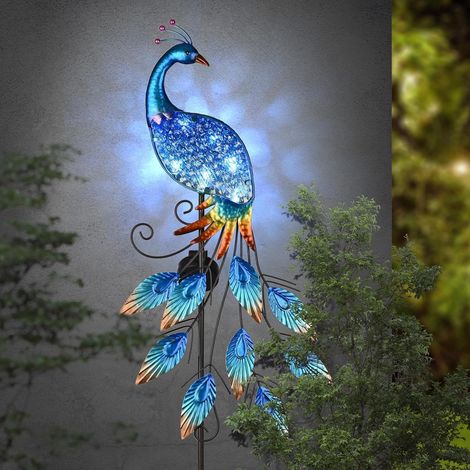 Lampe Solaire Exterieur Jardin,Decoration Jardin Exterieur, Paon en Verre et Métal, pour Pelouse Cour 99cm, Cadeau Femme,Bleu (M) (1/5)