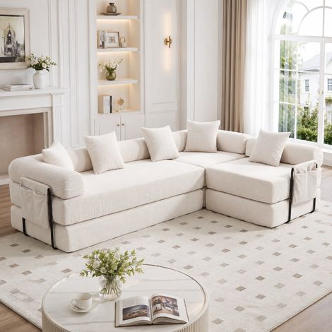 Divano modulare 270x180x64 cm, con tasca laterale, trasformabile in letto, tessuto corduroy, beige (1/5)