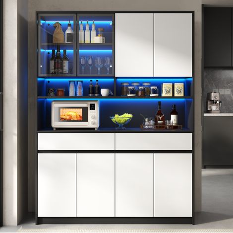 Buffet haut 120x38x160 cm avec LED réglable, vitrine en verre, 2 tiroirs, noir et blanc DESVIAE (1/5)
