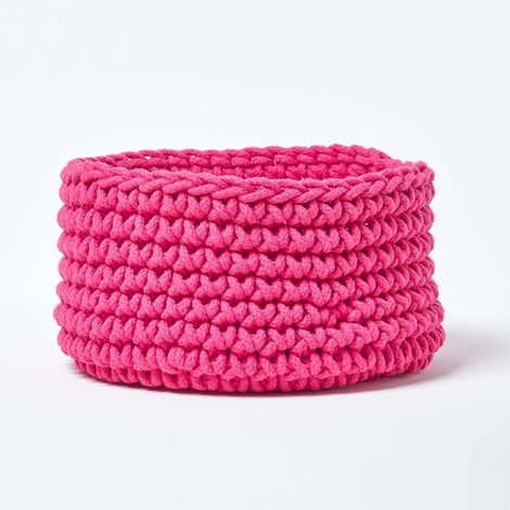 HOMESCAPES Hot Pink Cotton Knitted Round Storage Basket, 37 x 21 cm
