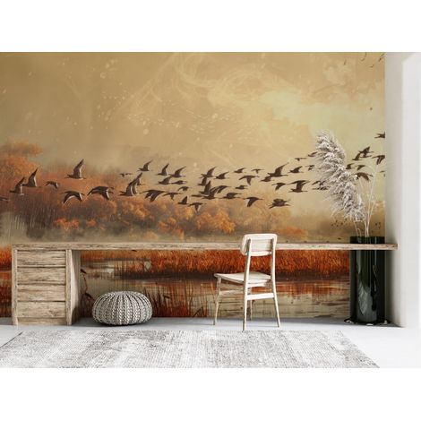 Papier peint animaux - oiseaux migrateurs au coucher du soleil - 150 x 250 cm (1/2)