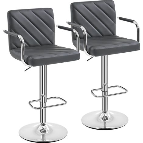 Homevive Juego de 2 Taburetes de Bar de Polipiel Sillas de Bar Giratorias de Altura Ajustable con Respaldo Reposapiés Reposabrazos para Bar Cocina Hogar Gris Oscuro
