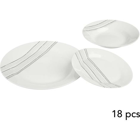 Service vaisselle 18 pièces en porcelaine – 6 grandes assiettes 27 cm – 6 assiettes à soupe 19,2 cm – Motif rayé moderne – Secret De Gourmet