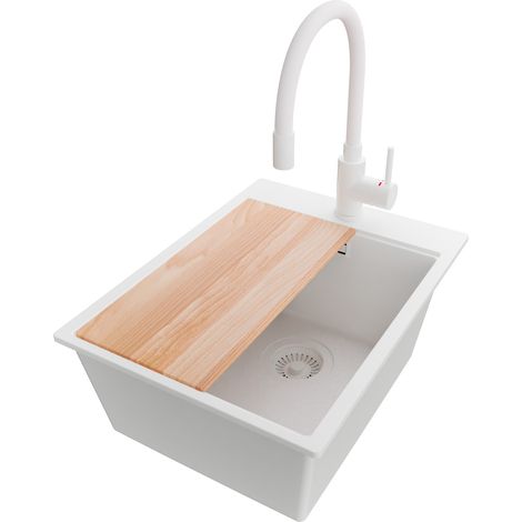 PRIMAGRAN Evier Cuisine en Granit 38x50cm, Lavabo 1 bac + Robinet 38x14cm + Kit de Vidage + Accessoire, Évier à Encastrer au meuble 40cm - Oslo, Tout Blanc (1/5)