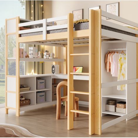 Lit mezzanine minimaliste 140x200 cm en pin naturel avec bureau, étagères, armoire et barrière de sécurité (1/5)