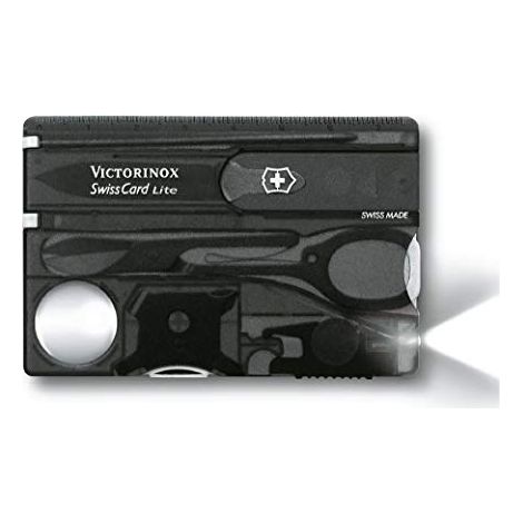 Victorinox 0.7333.T3 SwissCard Lite Coltello Multiuso 13 Funzioni con Torcia LED e Penna a Sfera colore Nero traslucido (1/4)