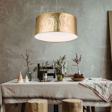 Schirmleuchte Hängelampe Pendelleuchte Hängeleuchte Wohnzimmer, 3 flammig nickel matt gold Dekorstanzungen1x 3x E27 Fassung, DxH 53x140cm