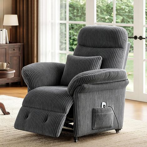 Elektrischer Relaxsessel Grau Cordvelours, verstellbare Rückenlehne & Fußstütze, Ganzkörperunterstützung, stabil & rollbar, Multifunktion für Zuhause