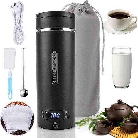 Bollitore elettrico portatile di piccole dimensioni da 500 ml in acciaio inox 316, ideale per viaggi con 4 temperature. Mini bollitore per latte, caffè e tè. Include spazzolino e custodia. (1/5)