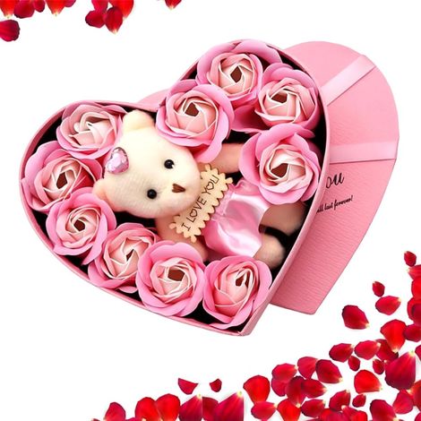 Coffret cadeau de savon en forme de cœur avec fleur de savon en forme de rose et ours en peluche mignon. Coffret cadeau de savon en forme de rose artificielle. (1/4)