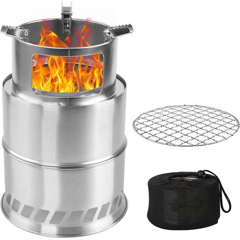 Poêle à bois portable camping avec plaque en filet de barbecue, réchaud Hobo en acier inoxydable, réchaud de camping avec sac de transport, pliable et coupe-vent (1/5)
