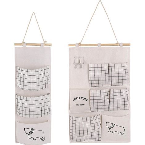 Sac de rangement mural en lin blanc, 2 modèles, avec petites poches, idéal pour la maison ou le bureau. (1/5)