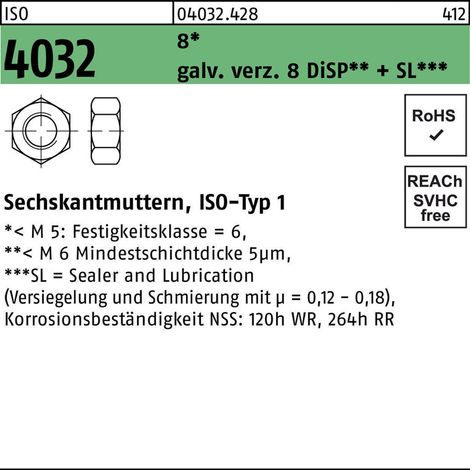ISO 4032 Sechskantmutter 8 M 24 gal Zn 8 DiSP + SL gal ZnDi 50 Stk (1/2)