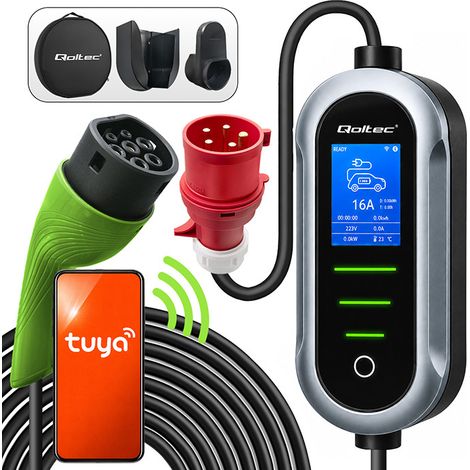 Qoltec 52721 Cargador móvil para coches eléctricos EV con ajuste tipo 2 2 en 1  7 kW  230 V  CEE 32 A  Wifi  TUYA  SMART L (1/5)