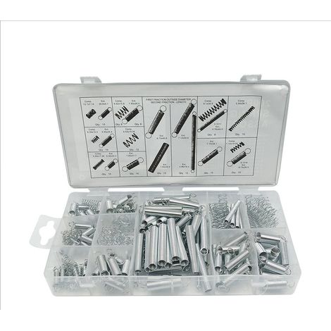 Assortiment ressorts compression et traction, 200 pcs, acier métal, boîte rangement