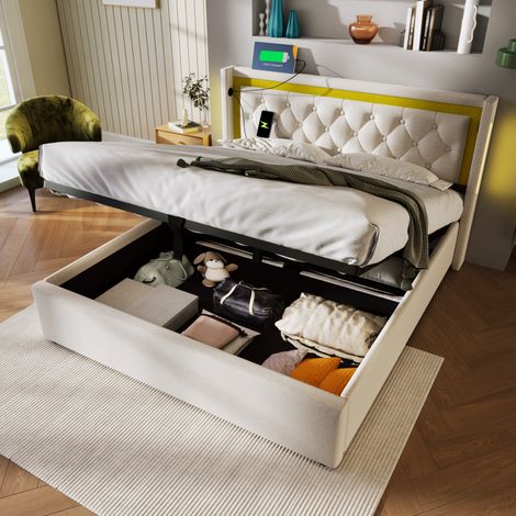 Bett Doppelbett Stauraum LED 140x200 Baumwolle OKMYHOME (1/5)